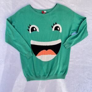 H&M Women’s Green Graphic Face Smile Knit Pullover Sweater Size 6
